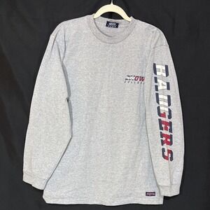 Y2K VTG Jansport Baggy College Badgers Long Sleeve Shirt Grey Men Size M Boyband